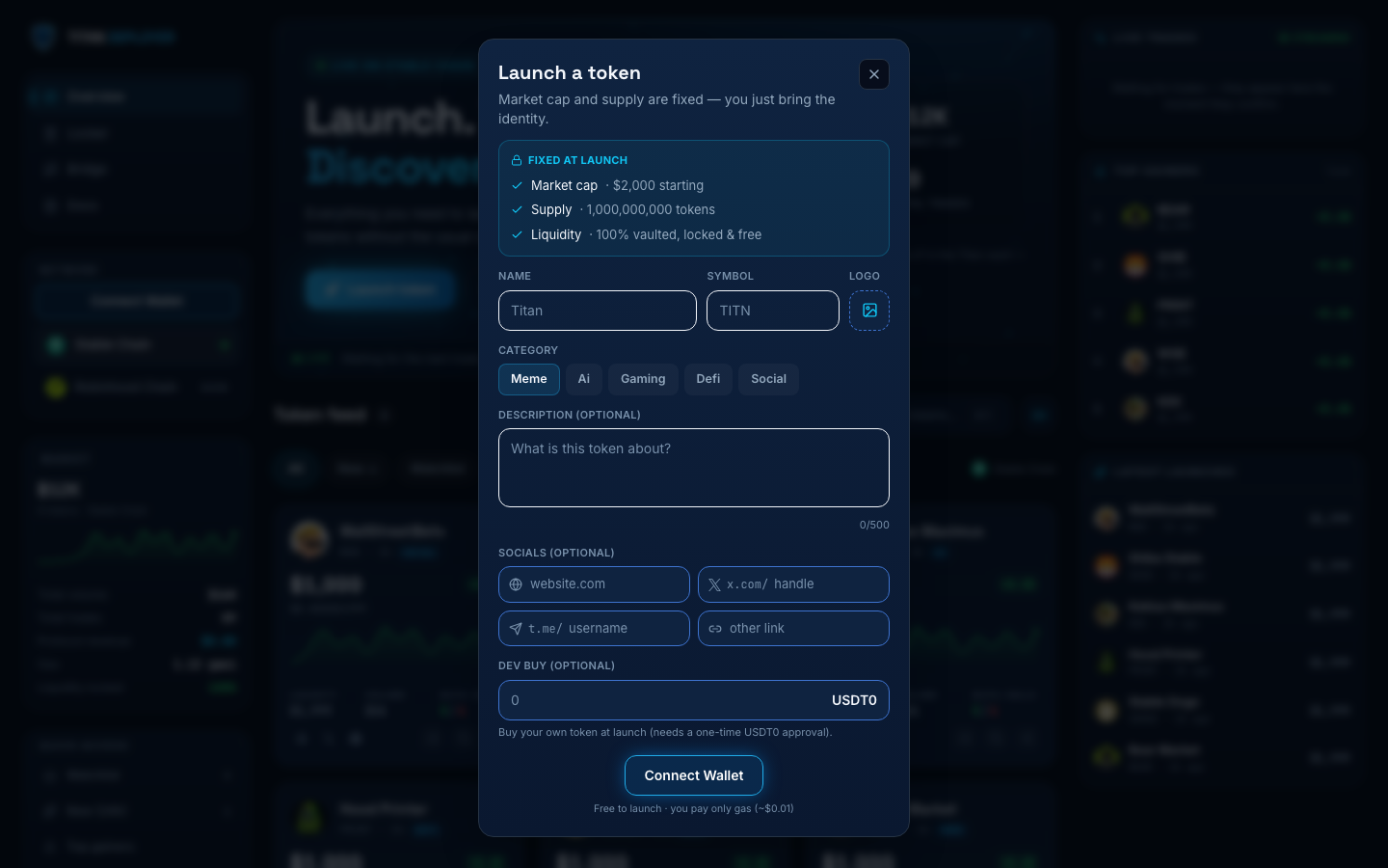 Titan Deployer 'Launch a token' form, shown on Stable Chain before its retirement, showing the fixed terms — starting market cap, 1,000,000,000 supply, 100% vaulted liquidity — plus name, symbol, logo, category tag, optional description, social links, and optional dev buy fields